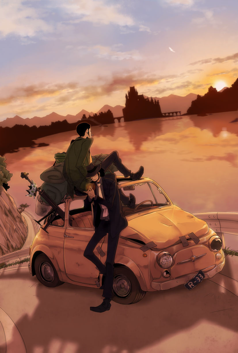 arsene_lupin_iii beard car castle castle_of_cagliostro cigarette crown dutch_angle facial_hair fiat_500 formal gun hat_over_eyes highres jigen_daisuke left-hand_drive lupin_iii motor_vehicle multiple_boys necktie railing rifle road rui_yuda silhouette sitting smoking sniper_rifle suit sunset tape vehicle water weapon
