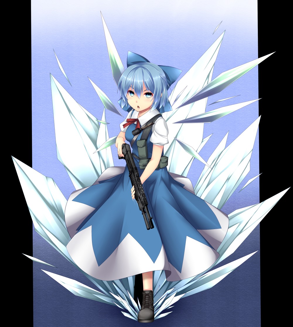 blue_eyes blue_hair boots bow cirno explosive grenade gun ice natsuki_mitsu short_hair shotgun solo spas-12 touhou weapon wings