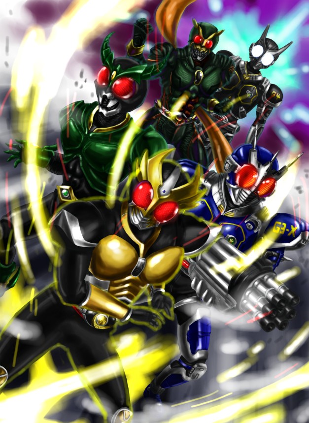 5boys another_agito gatling_gun glowing glowing_eyes gun kamen_rider kamen_rider_agito kamen_rider_agito_(series) kamen_rider_g3 kamen_rider_g4 kamen_rider_gills male momopon multiple_boys power_armor scarf weapon