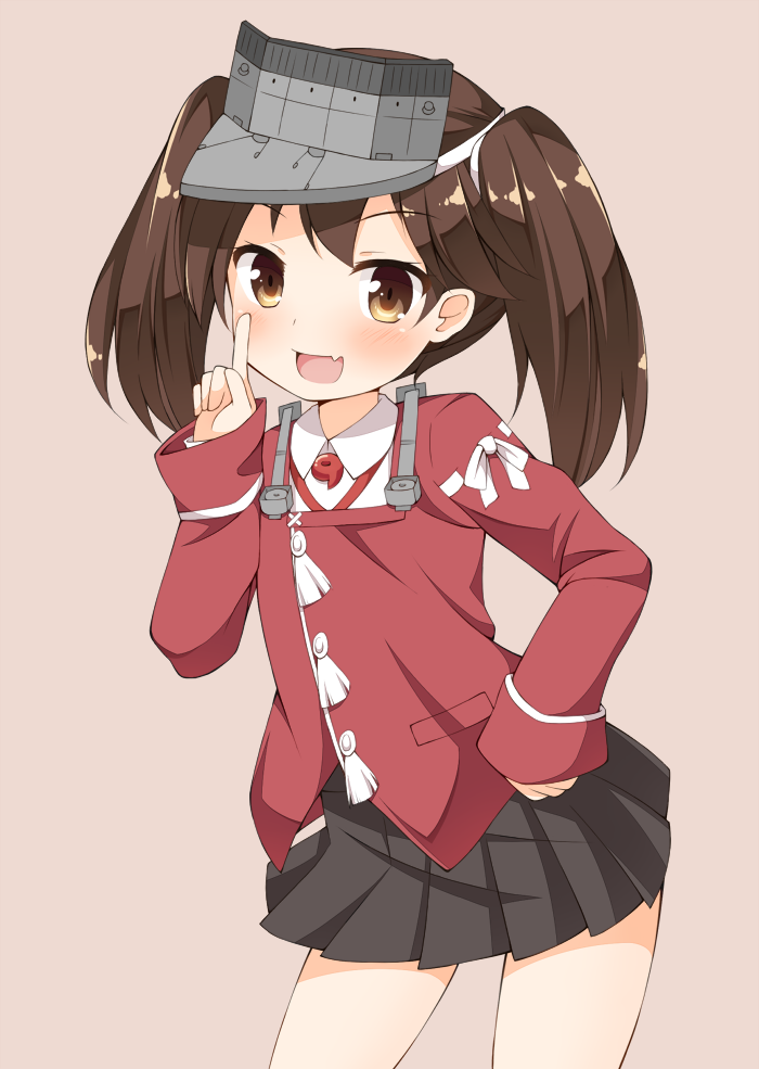 1girl :d black_skirt brown_eyes brown_hair cowboy_shot customer_(carrack) hand_on_hip japanese_clothes kantai_collection kariginu looking_at_viewer magatama open_mouth pleated_skirt pointing pointing_up ryuujou_(kantai_collection) simple_background skirt sleeves_past_wrists smile solo twintails visor_cap