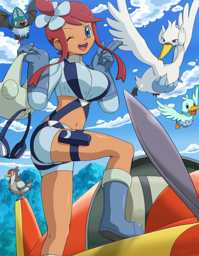 1girl belt blue_eyes blue_sky boots breasts cloud ducklett flight_goggles fuuro_(pokemon) gloves goggles hair_ornament heart knee_boots large_breasts leg_lift looking_at_viewer midriff mountain navel pokemoa pokemon pokemon_(creature) pokemon_(game) pokemon_black_and_white pokemon_bw propeller red_hair redhead shorts sky smile standing standing_on_object swanna swoobat thigh_strap tranquill vehicle wink