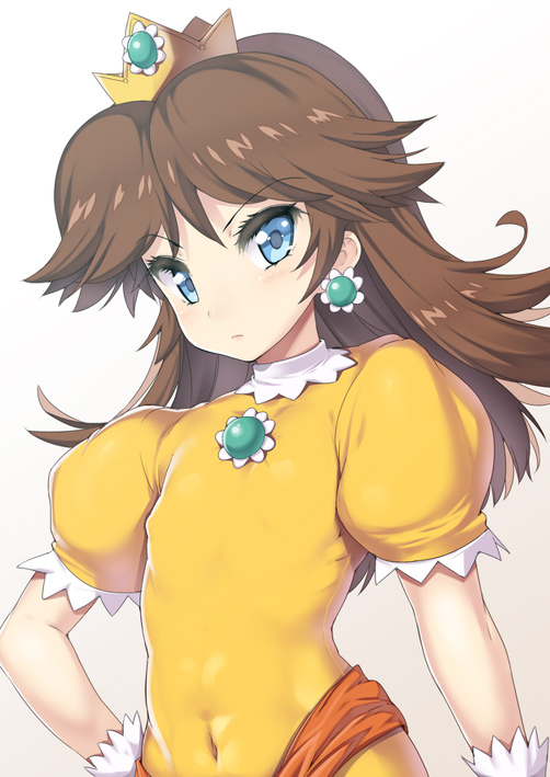 blue_eyes breasts brown_hair crown dress earrings erect_nipples flat_chest hand_on_hip hips jewelry long_hair looking_at_viewer nagase_haruhito navel nintendo princess princess_daisy simple_background solo super_mario_bros. white_background