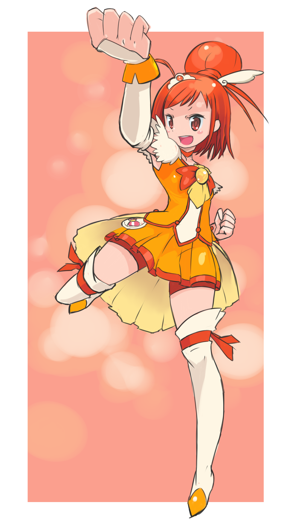 bike_shorts blush_stickers boots clenched_fist clenched_hands cure_sunny highres hino_akane kise_yayoi okera open_mouth orange_(color) orange_hair pink_background precure red_hair redhead short_hair shorts_under_skirt simple_background smile_precure! solo thigh-highs thigh_boots thighhighs tiara
