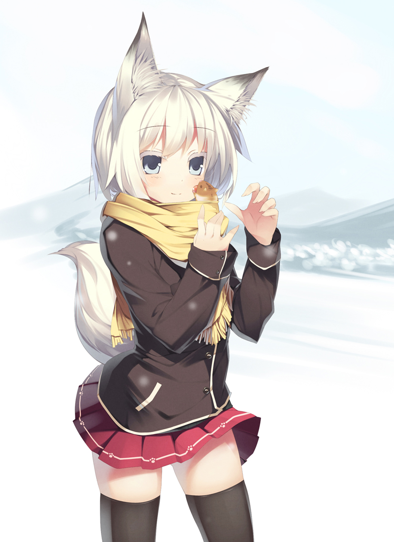 animal_ears bad_id black_legwear blue_eyes copyright_request fingernails fox_ears fox_tail hamster light_smile nekomu pleated_skirt scarf skirt snow solo tail thigh-highs thighhighs white_hair zettai_ryouiki