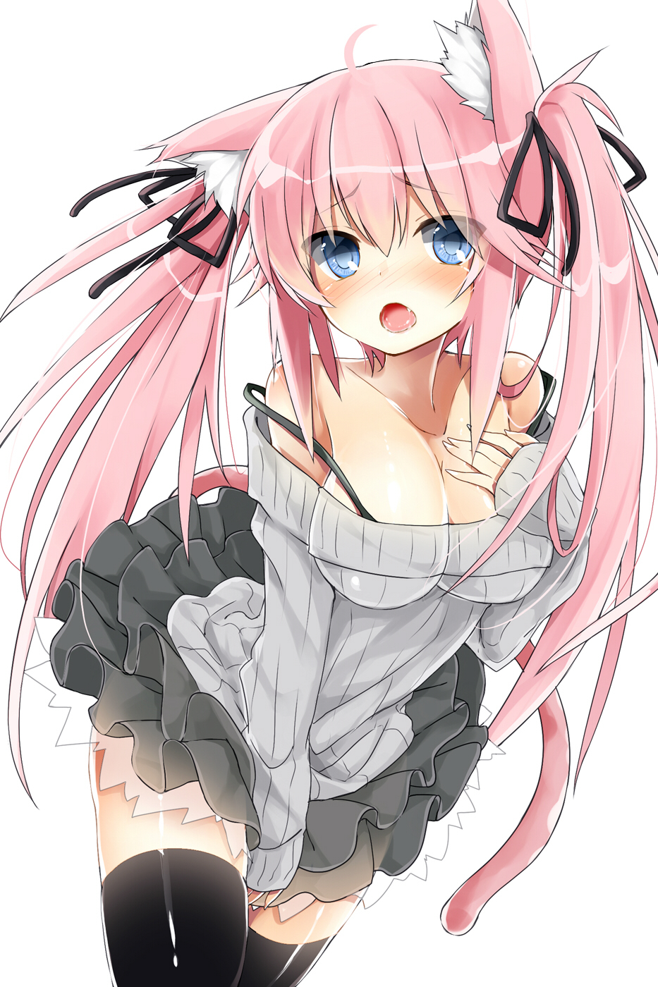 animal_ears bare_shoulders black_legwear blue_eyes blush book breasts cat_ears cat_tail cleavage fang frilled_skirt hair_ribbon hand_on_own_chest highres kazu_kakao long_hair open_mouth original pink_hair ribbed_sweater ribbon saliva simple_background skirt solo strap strap_slip sweater tail thigh-highs thighhighs twintails white_background