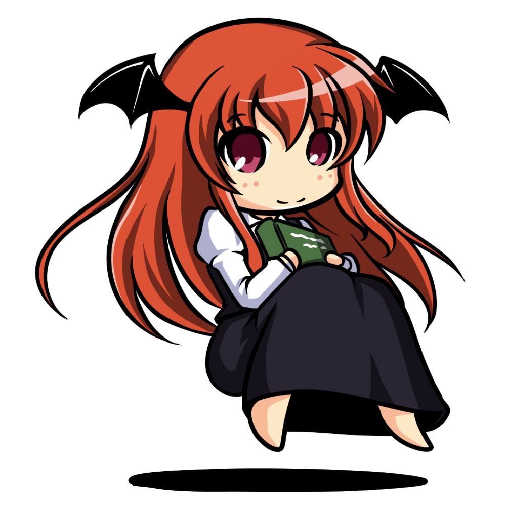 bat_wings book chibi dress_shirt floating head_wings holding holding_book koakuma kou512a long_sleeves orange_hair red_eyes shirt simple_background skirt skirt_set smile solo the_embodiment_of_scarlet_devil touhou white_background white_shirt wings