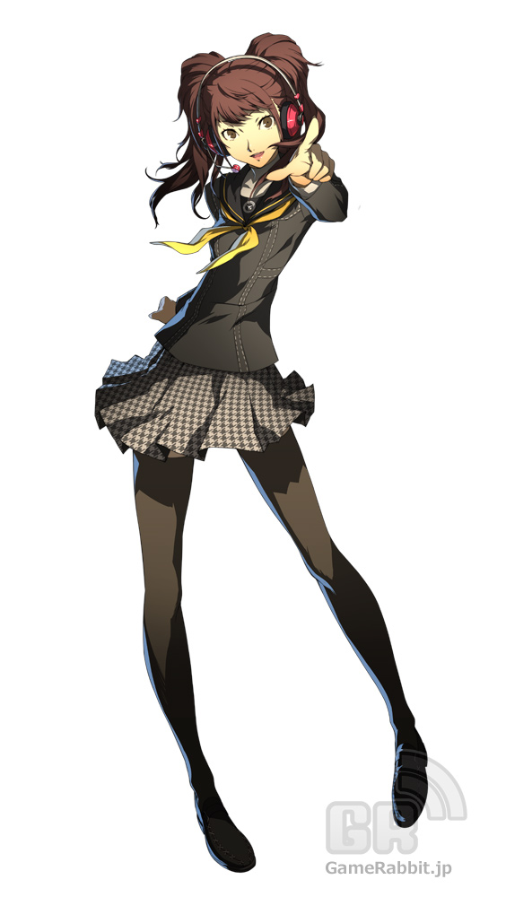 arc_system_works breasts brown_eyes brown_hair headset kujikawa_rise long_hair looking_at_viewer official_art open_mouth persona persona_4 persona_4:_the_ultimate_in_mayonaka_arena pointing school_uniform serafuku skirt smile soejima_shigenori solo thigh-highs thighhighs twintails watermark zettai_ryouiki