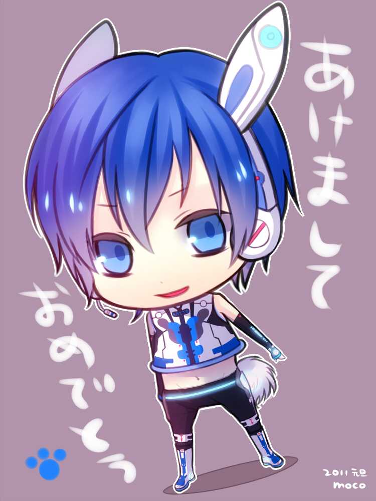 2011 artist_name bad_id blue_eyes blue_hair chibi dated elbow_gloves gloves hair_ornament headset kaito male moco_315 navel paw_print project_diva project_diva_2nd smile solo standing tail translation_request vocaloid