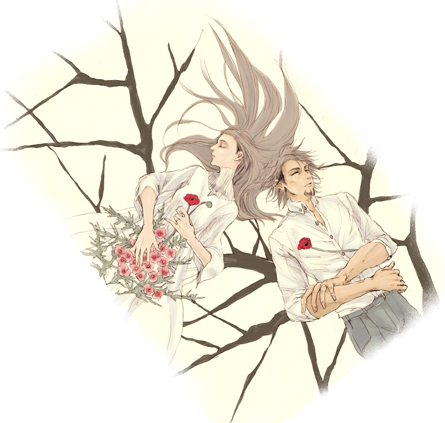 1girl amamiya_tomoe bouquet brown_hair closed_eyes couple eyes_closed facial_hair flower husband_and_wife kaburagi_t_kotetsu kaburagi_tomoe long_hair sleeping stubble sumakaita tiger_&amp;_bunny turtleneck