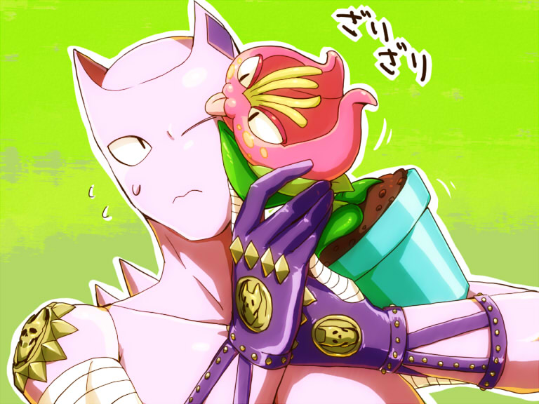 :3 animal_ears cat_ears flower jojo_no_kimyou_na_bouken kamiura killer_queen licking nekogusa_(jojo) no_humans plant potted_plant stand_(jojo) wince