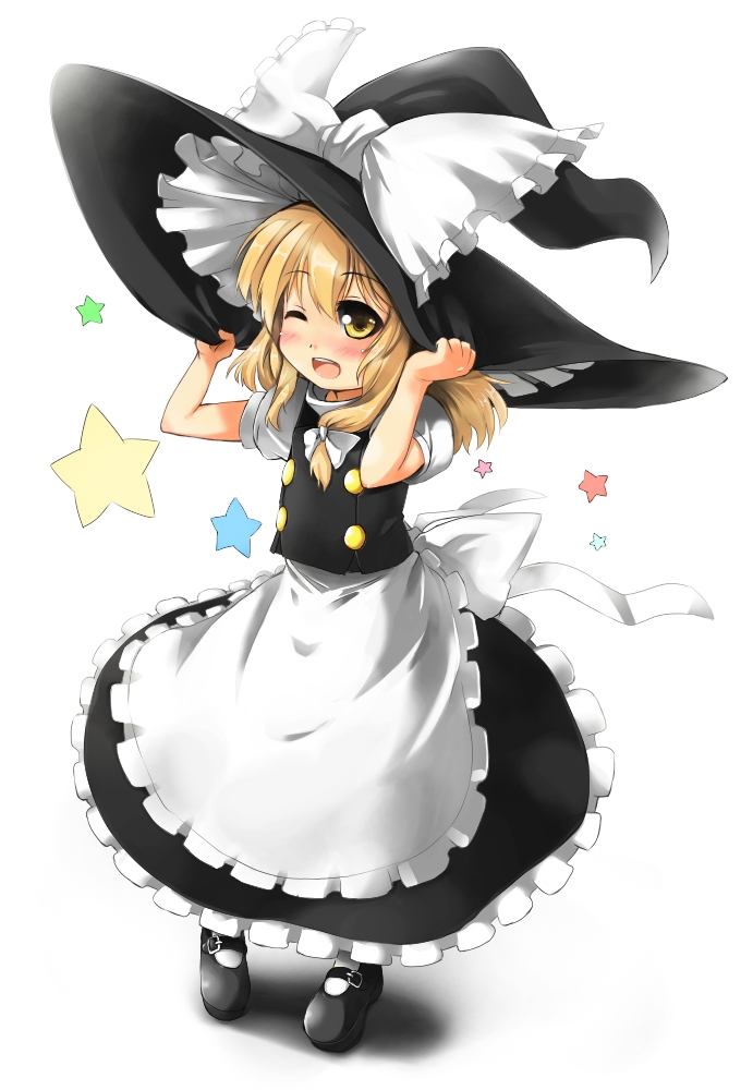 apron blonde_hair blush buttons hair_ribbon hand_on_hat hat hat_ribbon kirisame_marisa mary_janes ribbon shoes star toichi touhou waist_apron wink witch_hat yellow_eyes young