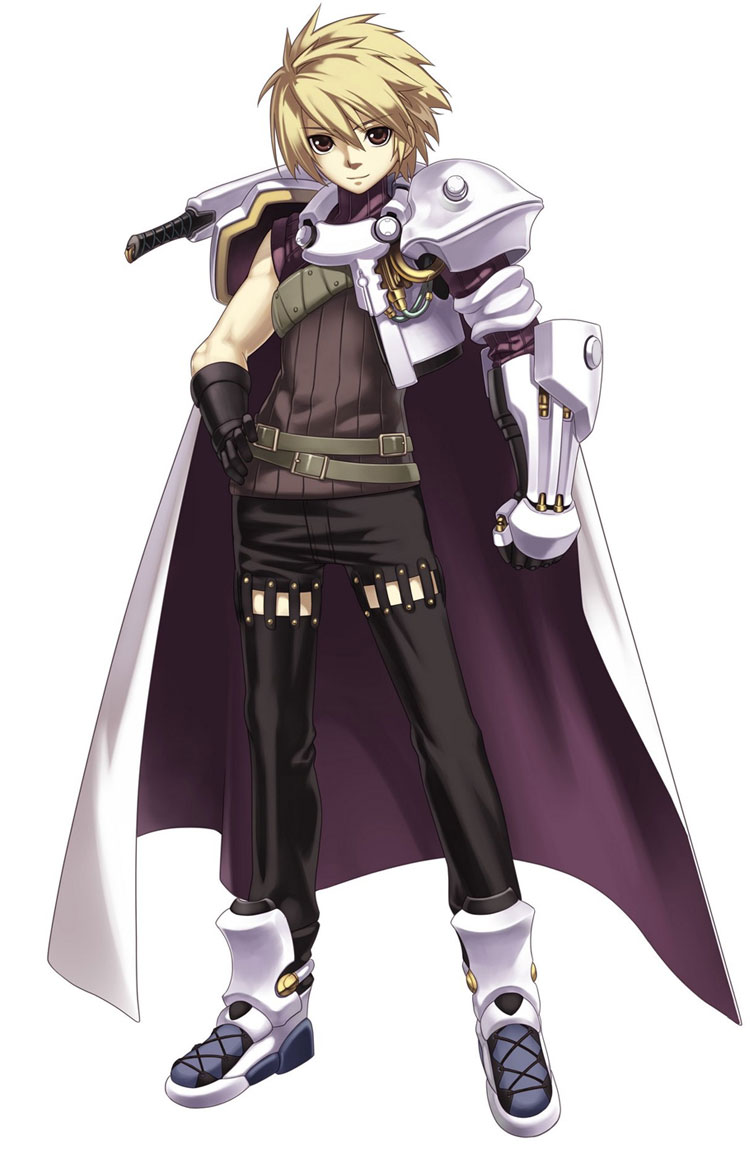 ar_tonelico ar_tonelico_i armor belt blonde_hair boots brown_eyes cape cross_edge gloves gust hand_on_hip lyner_barsett male official_art simple_background solo