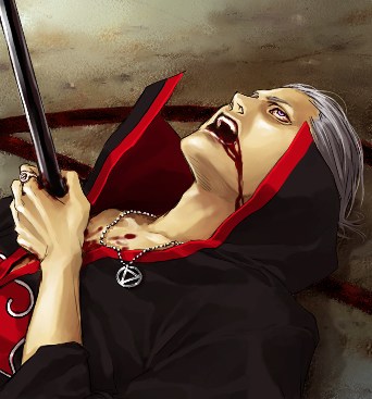 akatsuki_(naruto) blood cloak hidan insignia lily_(artist) male naruto necklace open_mouth pole silver_hair solo