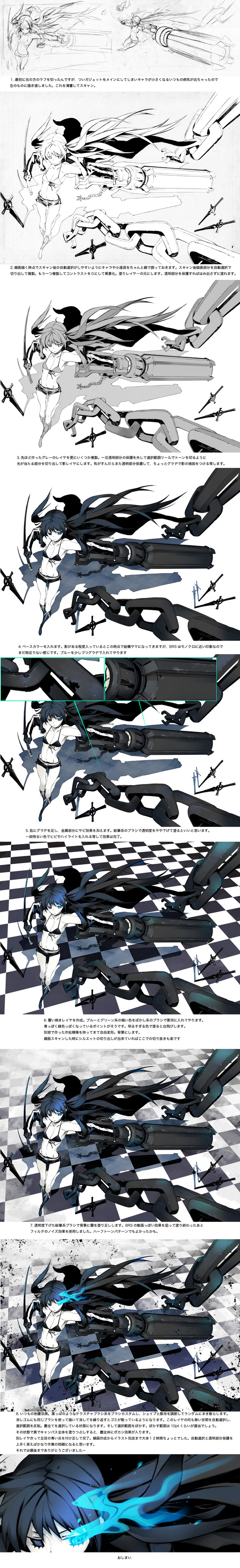 arm_cannon bikini_top black_hair black_rock_shooter black_rock_shooter_(character) blue_eyes chain chains gun highres how_to katana long_hair miwa_shirou miwa_shirow pale_skin short_shorts shorts sword translation_request twintails weapon