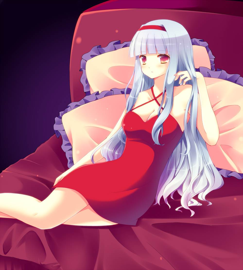 bare_shoulders bed breasts cleavage cresc-dol dress idolmaster long_hair pillow reclining red_dress red_eyes shijou_takane silver_hair