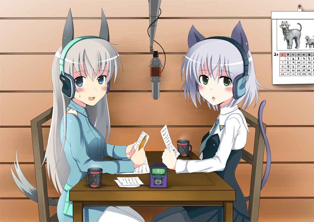 animal_ears black_legwear blonde_hair blue_eyes blush cat_ears cat_tail eila_ilmatar_juutilainen fox_ears fox_tail green_eyes headphones long_hair microphone multiple_girls pantyhose radio_booth rosettastone sanya_v_litvyak short_hair silver_hair strike_witches studio_microphone tail uniform white_legwear white_pantyhose