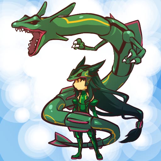 1girl claws costume dragon elbow_gloves fangs gloves green_hair hitec long_hair moemon open_mouth personification pokemon pokemon_(creature) pokemon_(game) pokemon_rse rayquaza red_eyes very_long_hair