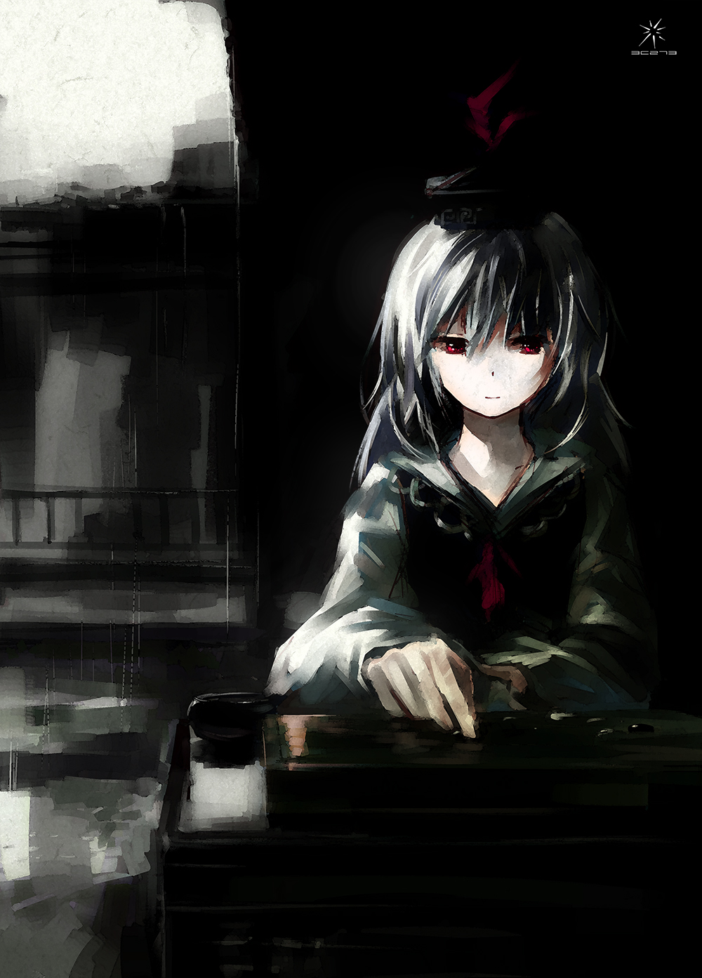 board_game breasts creepy go hair_ornament hat highres jq kamishirasawa_keine large_breasts long_hair looking_away rain red_eyes silver_hair sitting sky smile solo table touhou