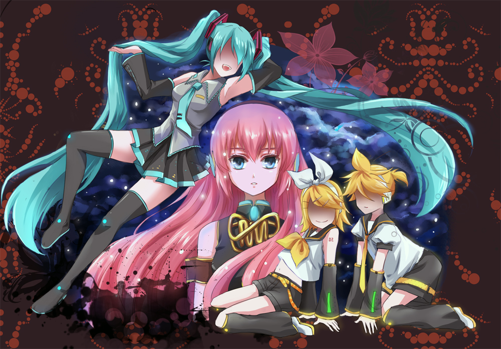 bad_id black_legwear black_thighhighs blonde_hair cloud clouds green_eyes green_hair hair_over_eyes hatsune_miku kagamine_len kagamine_rin legs long_hair megurine_luka pink_hair pleated_skirt short_hair skirt star thigh-highs thighhighs twintails very_long_hair vocaloid zettai_ryouiki