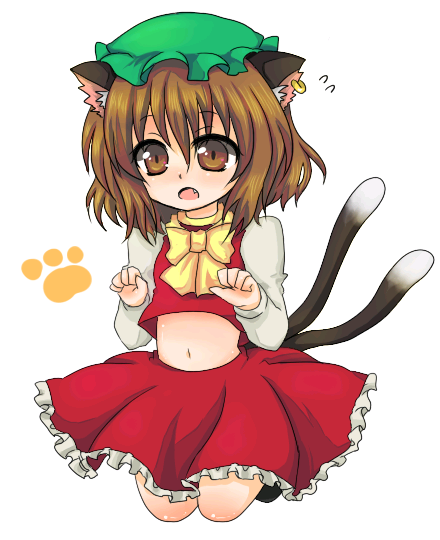 bad_id brown_eyes brown_hair c6mystic cat_ears cat_tail chen earrings fang hat jewelry midriff multiple_tails paw_print short_hair tail touhou