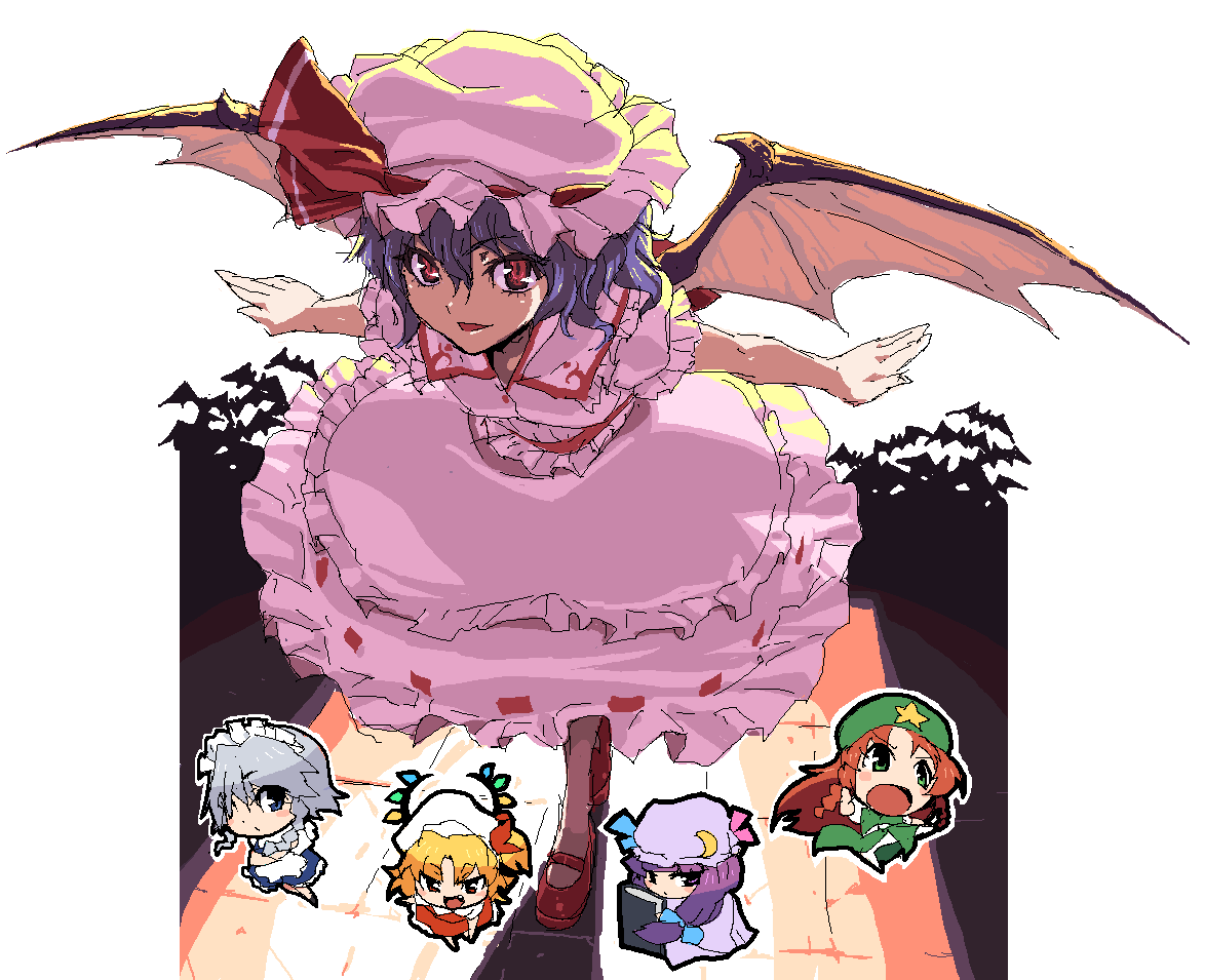 bat_wings blue_hair chibi eyelashes flandre_scarlet hat hong_meiling izayoi_sakuya leaning_forward light_smile looking_at_viewer mary_janes oekaki outstretched_arms patchouli_knowledge red_eyes remilia_scarlet ribbon shoes shue skirt skirt_set slit_pupils spread_arms touhou wings