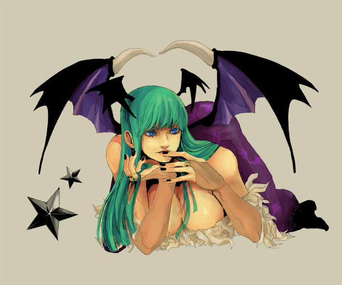 blue_eyes boots breasts capcom chiba_(noble) cleavage darkstalkers demon_girl elbow_gloves finger_to_mouth fingerless_gloves gloves green_hair head_wings headwings large_breasts monster_girl morrigan_aensland nail_polish pantyhose simple_background solo star succubus vampire_(game) wings