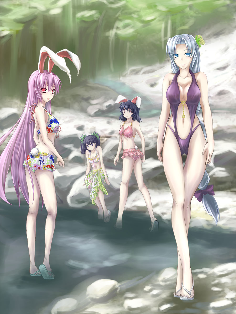 alternate_hairstyle animal_ears bikini black_hair braid breasts bunny_ears bunny_tail feet_in_water floral_print highres houraisan_kaguya inaba_tewi long_hair multiple_girls negamaro polka_dot polka_dot_bikini polka_dot_swimsuit purple_hair rabbit_ears reisen_udongein_inaba sandals sarong short_hair silver_hair soaking_feet swimsuit tail touhou twintails wading water yagokoro_eirin