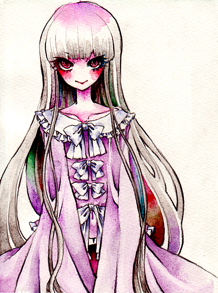 bow frills hair_bow houraisan_kaguya lipstick long_hair long_sleeves looking_up miri no_nose red_eyes ribbon simple_background smile solo touhou traditional_media watercolor_(medium) wide_sleeves