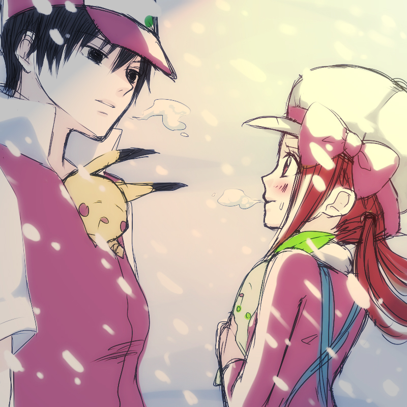 240 black_eyes black_hair breath brown_eyes brown_hair cabbie_hat chikorita hat kotone_(pokemon) pikachu pokemon pokemon_(game) pokemon_gsc red_(pokemon) red_(pokemon)_(classic) roy_(pixiv328934) snow