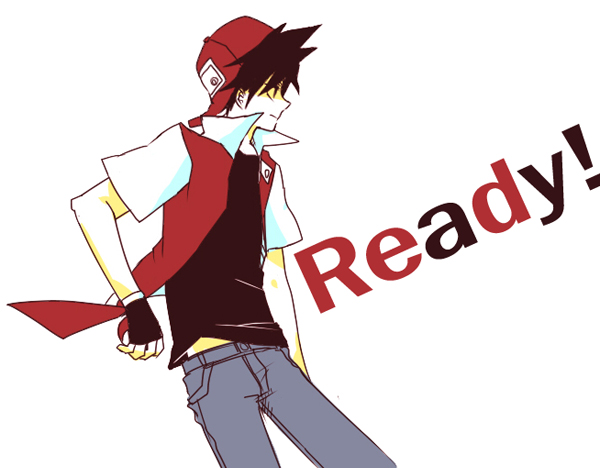 baseball_cap black_hair character_name english fingerless_gloves gloves hat holding holding_poke_ball jacket male nintendo poke_ball pokemon pokemon_special pun red_(pokemon) short_hair simple_background solo white_background