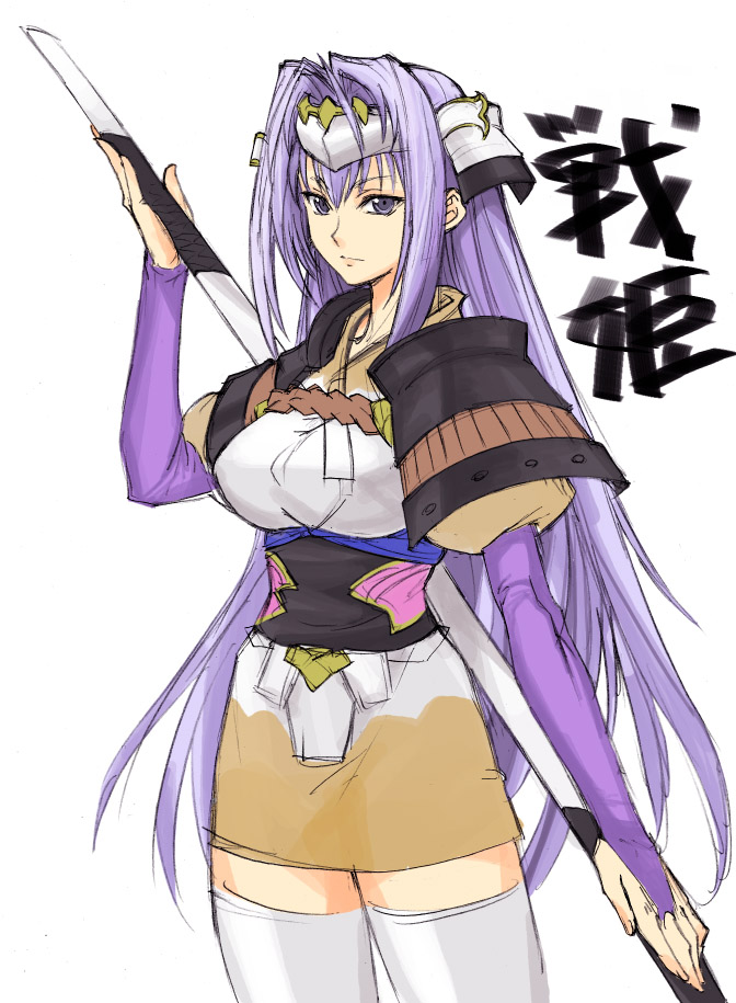 elbow_gloves fingerless_gloves gloves kimuchi lavender_hair long_hair polearm rance_(series) sengoku_rance senhime thigh-highs thighhighs weapon