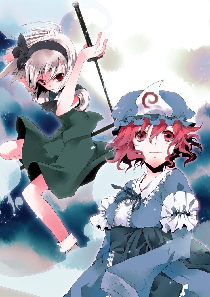 2girls bad_id hairband hat hitodama konpaku_youmu konpaku_youmu_(ghost) manya_(mohu_is-mine) manyako_(mohumohu) multiple_girls pink_hair saigyouji_yuyuko short_hair silver_hair sword touhou weapon