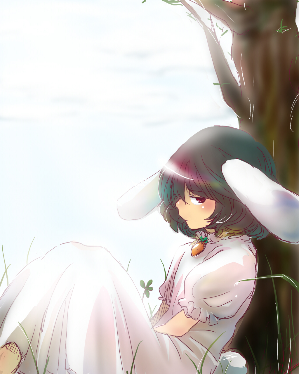 animal_ears black_hair bunny_ears bunny_tail dress eco-sato highres inaba_tewi rabbit_ears red_eyes short_hair solo tail touhou tree