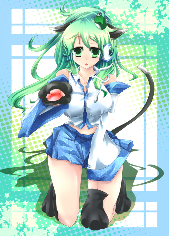 animal_ears breasts cat_ears cat_paws cat_tail detached_sleeves green_eyes green_hair kemonomimi_mode kneeling kochiya_sanae large_breasts paws solo tail tomcho touhou