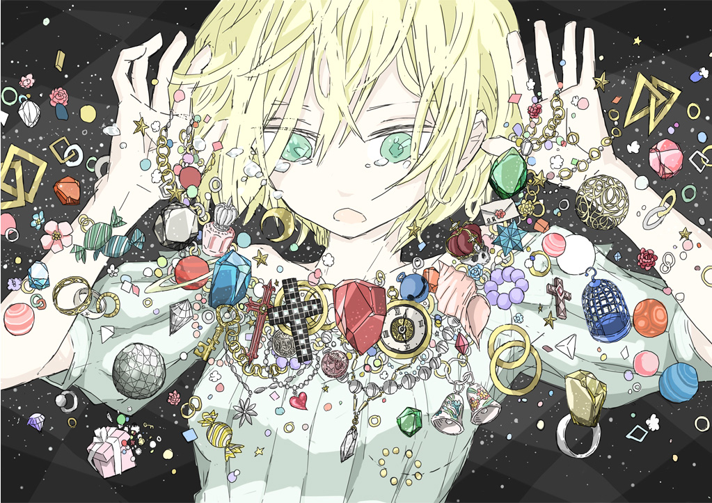 bell blonde_hair cage candy cross crucifix crystal green_eyes jewelry original short_hair solo tears watch wristwatch