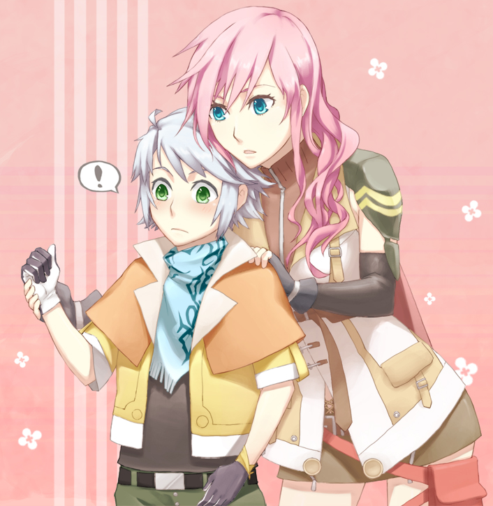 blue_eyes blush elbow_gloves final_fantasy final_fantasy_xiii fingerless_gloves gloves green_eyes height_difference hope_estheim lightning_(ff13) lightning_farron long_hair pink_hair sabu