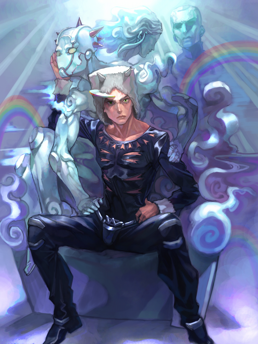 fur green_eyes horns jojo_no_kimyou_na_bouken male rainbow sitting stand_(jojo) touge36? touge_(kubiwa_tsuki) weather_report weather_report_(stand)