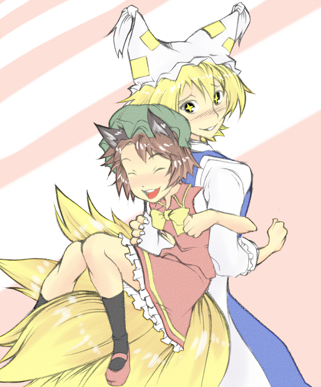 bad_id blonde_hair brown_hair cat_ears chen fox_tail hat multiple_tails short_hair tail teeburu touhou yakumo_ran