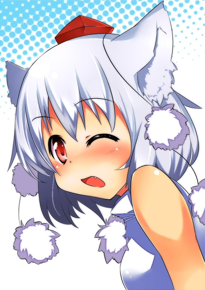 animal_ears bare_shoulders blush face fang halftone halftone_background hat inubashiri_momiji red_eyes short_hair silver_hair sleeveless solo tera_zip tokin_hat touhou wink wolf_ears