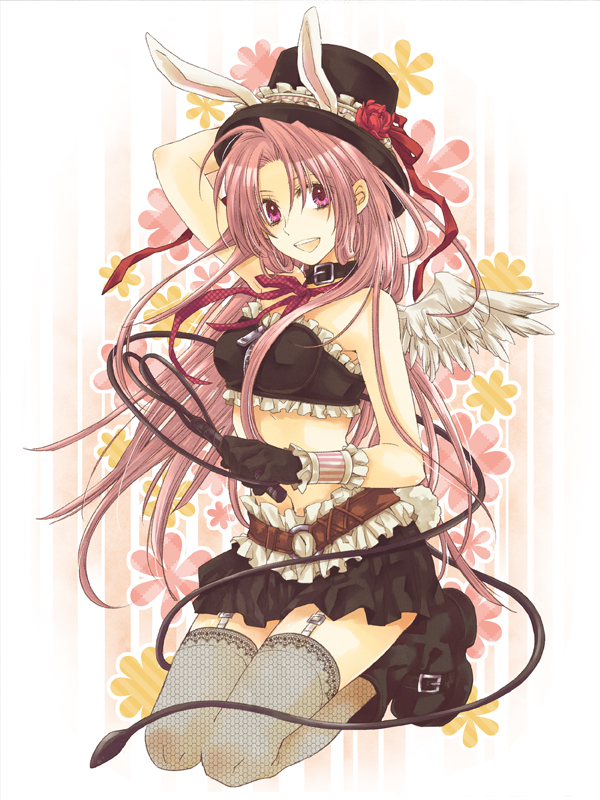 angel_wings animal_ears arm_up bare_shoulders belt boots buckle bunny_ears crop_top extra_ears fishnet_legwear fishnet_stockings fishnets flower full_moon_wo_sagashite garter_straps gloves hat hat_flower kneeling lace lace-trimmed_thighhighs long_hair meroko_yui midriff miniskirt pink_hair ribbon ribbon_choker rose shichimiso skirt solo striped striped_background thigh-highs thighhighs whip wings wrist_cuffs zettai_ryouiki
