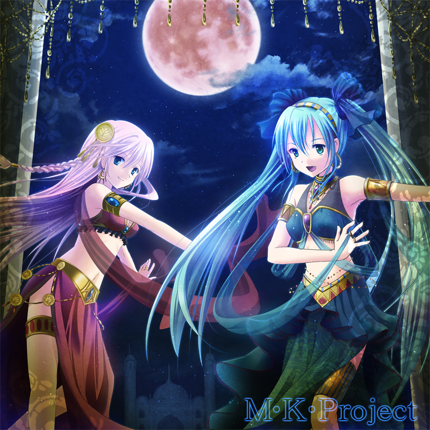 aqua_eyes aqua_hair armband braid earrings full_moon hatsune_miku jewelry long_hair megurine_luka midriff miiiiche moon multiple_girls navel open_mouth pink_hair twintails very_long_hair vocaloid