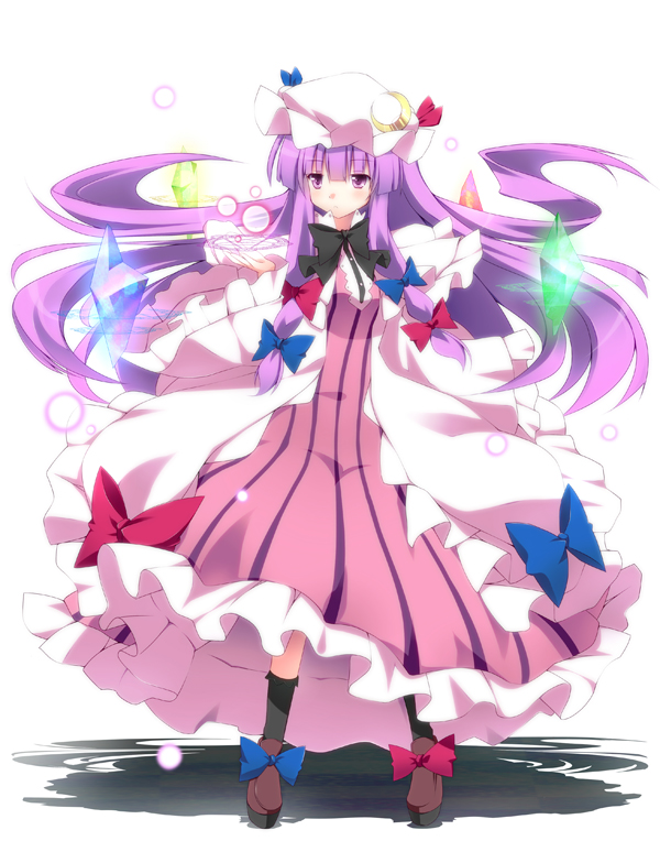 arm_up capelet crescent dress floating_object gem glowing hair_ribbon hat kurono_yuzuko lights long_hair magic_circle open_clothes open_coat patchouli_knowledge purple_dress purple_eyes purple_hair ribbon solo striped striped_dress touhou violet_eyes wide_sleeves