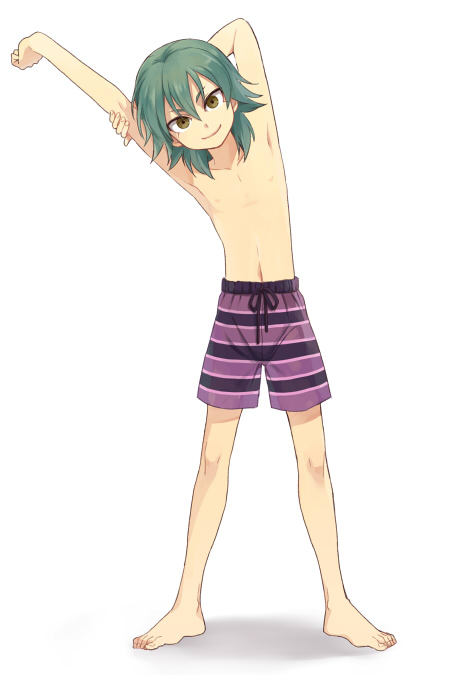 1boy armpits arms_up barefoot inazuma_eleven_(series) inazuma_eleven_go kariya_masaki looking_at_viewer male_focus navel nipples riho shirtless simple_background smile solo standing stretch swim_trunks white_background