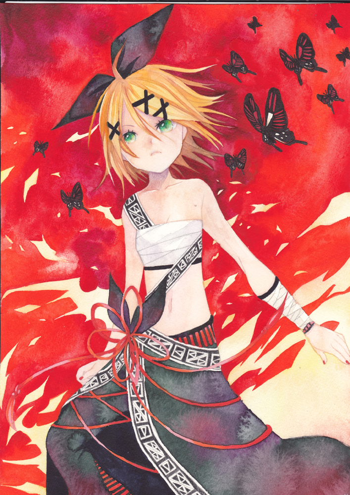 alternate_costume bare_shoulders bow butterfly collarbone fire hair_bow hair_ornament hairclip iroha_uta_(vocaloid) kagamine_rin mosho navel project_diva project_diva_extend sarashi solo vocaloid