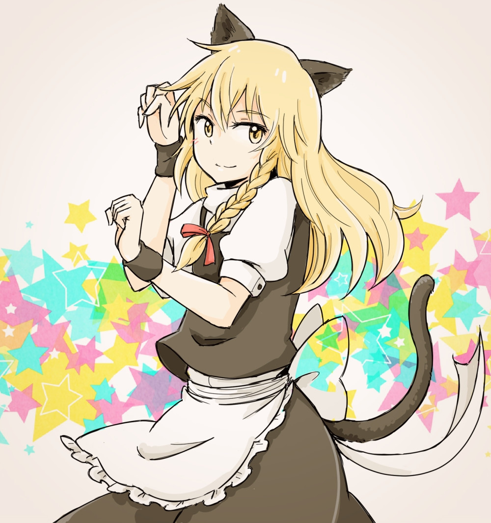 1girl animal_ears apron blonde_hair bow braid cat_ears cat_tail grey_background hair_bow hiroya_masaharu kemonomimi_mode kirisame_marisa light_smile long_hair looking_at_viewer no_hat no_headwear paw_pose short_sleeves simple_background single_braid skirt skirt_set solo star tail touhou waist_apron wrist_cuffs yellow_eyes