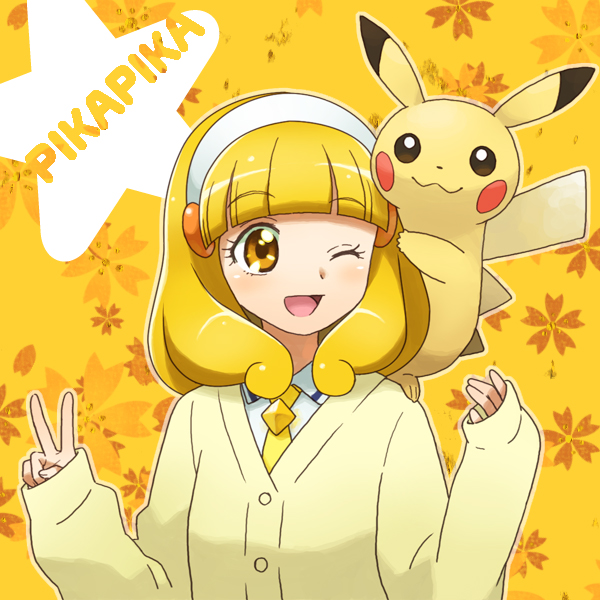 1girl 1other ;d animal blonde_hair cardigan creatures_(company) crossover enu_(spinal) floral_background game_freak hairband kise_yayoi mouse nintendo olm_digital ootani_ikue open_mouth pika_pika_pikarin_jankenpon pikachu pokemon pokemon_(creature) power_connection precure seiyuu_connection short_hair smile smile_precure! studio_connection v wink yellow yellow_background yellow_eyes