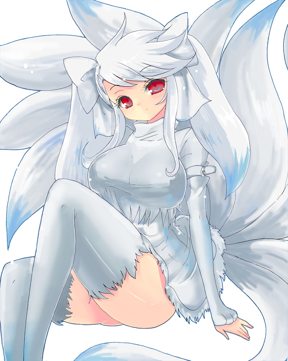 alternate_color breasts female fox hair_ornament hair_ribbon head_tilt highres huge_breasts impossible_clothes impossible_shirt lap long_hair multiple_tails ninetails ninetales personification pokemon pokemon_(game) pokemon_rgby red_eyes ribbon shiny_pokemon silver_hair simple_background sitting skirt solo tail taut_shirt tenkyuu09 thigh-highs thighhighs thighs twintails white_background