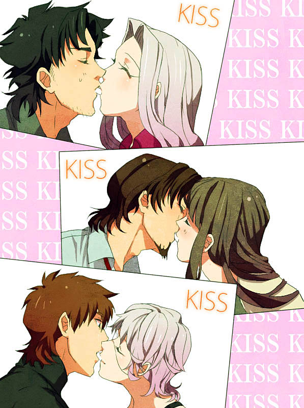 3girls black_hair brown_hair claudia_hortensia claudia_ortensia closed_eyes couple emiya_kiritsugu eyes_closed facial_hair fate/zero fate_(series) goatee green_hair husband_and_wife incipient_kiss irisviel_von_einzbern kiss kotomine's_wife kotomine's_wife kotomine_kirei long_hair multiple_boys multiple_girls shou_(paix) stubble tohsaka_aoi tohsaka_tokiomi toosaka_aoi toosaka_tokiomi white_hair