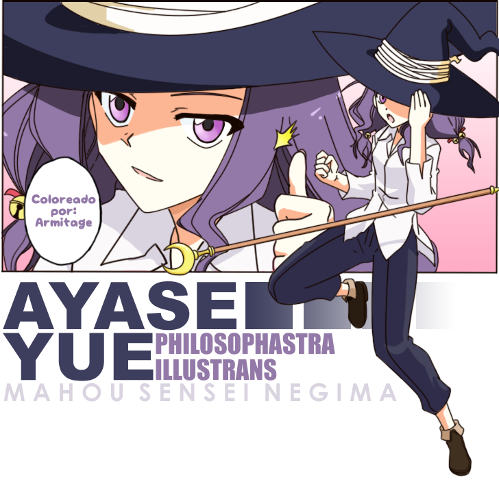 adult ayase_yue bell character_name clenched_fist clenched_hand hair_bell hair_ornament hat long_hair mahou_sensei_negima! pants purple_eyes purple_hair shirt solo staff thumbs_up title_drop violet_eyes witch_hat