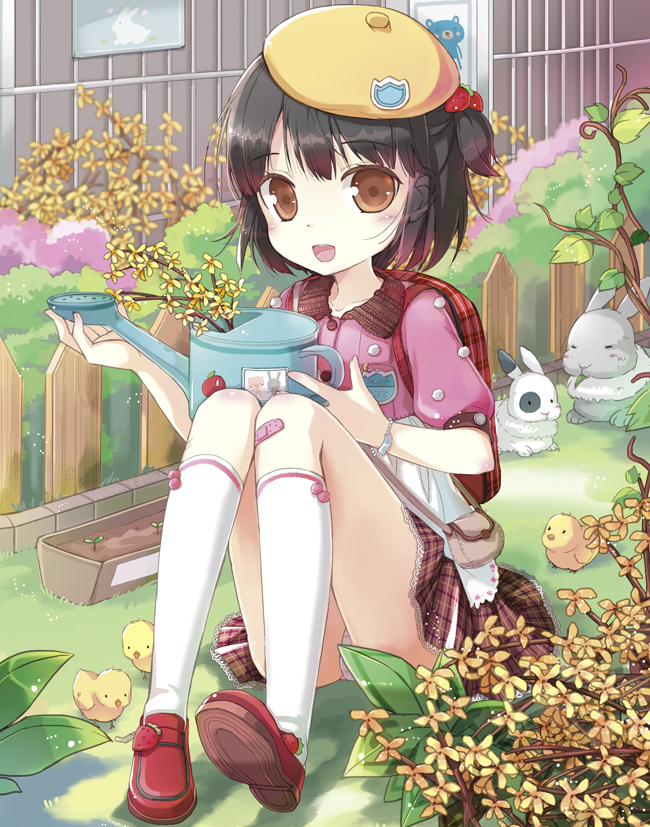:d bandage bandages bird black_hair blurry blush bracelet brown_eyes bunny chick depth_of_field flower food fruit hat jewelry jin_young-in kneehighs looking_at_viewer one_side_up open_mouth original panties plaid plaid_skirt rabbit short_hair sitting skirt smile solo strawberry underwear watering_can white_legwear white_panties